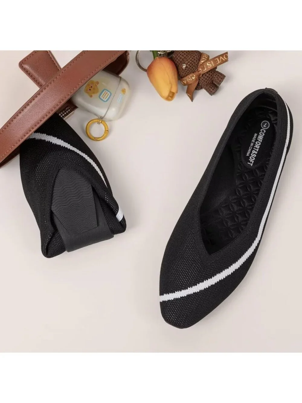 Frank Mully Women's Black Rubber Knitted Square Toe Comfortable Slip On Flats